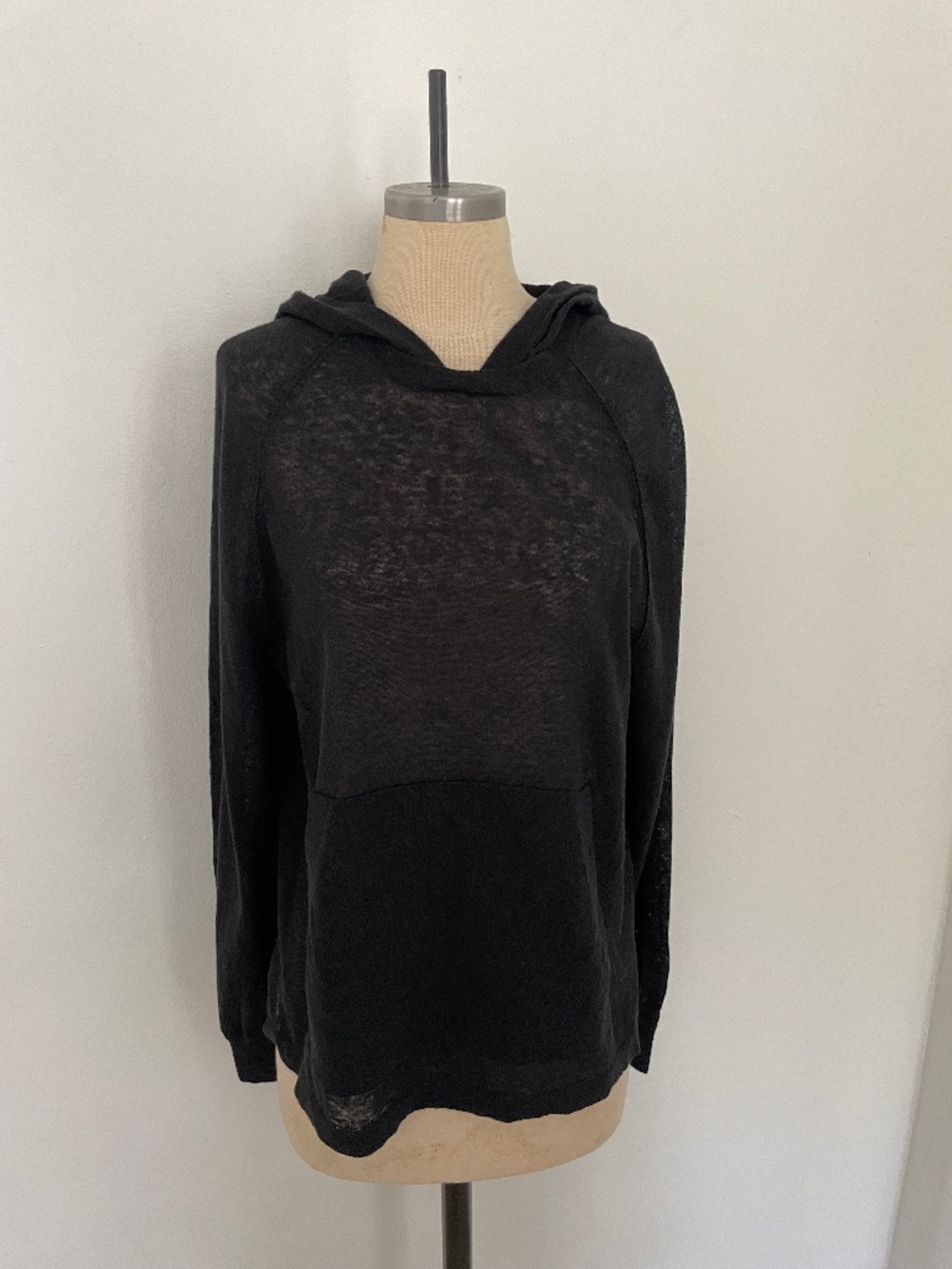 James Perse Black Sheer Linen Cotton Raglan Hoodie, Lightweight Top Women's 0 XS